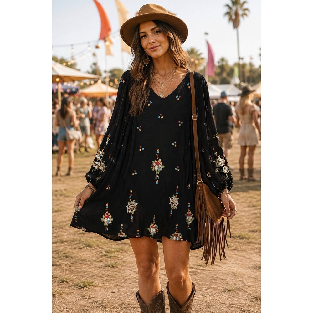 Free People Oxford Swing Embroidered Black Mini Dress Size Small Boho Festival